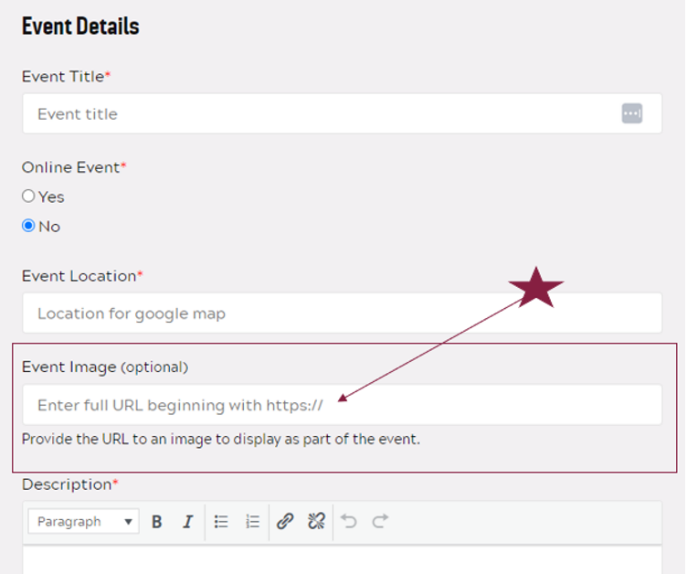 Event Form with Event Image field highlighted